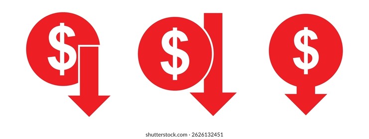cost reduce icon vetor. cost reduce sign for web site. conceito de negócio em forma plana. Ícone de redução de custo. Vetor de ícone de dólar para baixo. Vetor de Símbolos de Ícone de Email. símbolo para o site Computador e celular. 