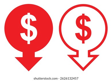 cost reduce icon vector. cost reduce sign for web site. business concept in flat. Cost reduction icon. Dollar Down Icon vector. Mail Icon Symbols vector. symbol for web site Computer and mobile. 