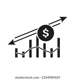Icono de reducción o incremento de costes. Icono del dólar de beneficio. Concepto de análisis de riesgos. Las flechas ahorran el concepto de precio. Ilustración vectorial.