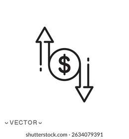ícone de redução ou aumento de custo, salário, análise de risco, conceito de benefício em dólar, símbolo de linha fina isolado no fundo branco, traço editável eps 10 ilustração de vetor