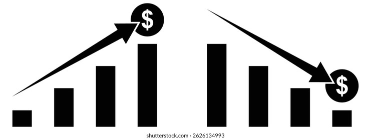 Cost Reduce and rising graph with arrow. Financial downturn. Vector linear icon. Increasing and reduction. Growing and decline. Element for business, banking, credit, interest rate, finance sphere. 