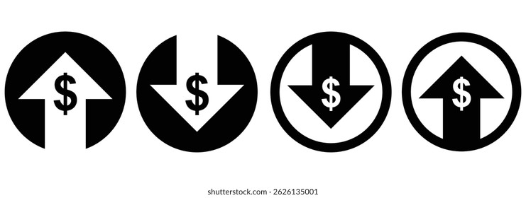 Cost Reduce and rising graph with arrow. Financial downturn. Vector linear icon. Increasing and reduction. Growing and decline. Element for business, banking, credit, interest rate, finance sphere. 