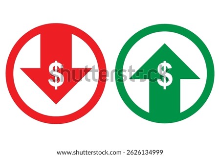 Cost Reduce and rising graph with arrow. Financial downturn. Vector linear icon. Increasing and reduction. Growing and decline. Element for business, banking, credit, interest rate, finance sphere. 