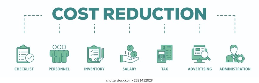 Cost reduction banner web icon vector illustration concept with icon of checklist, personnel, inventory, salary, tax, advertising and administration