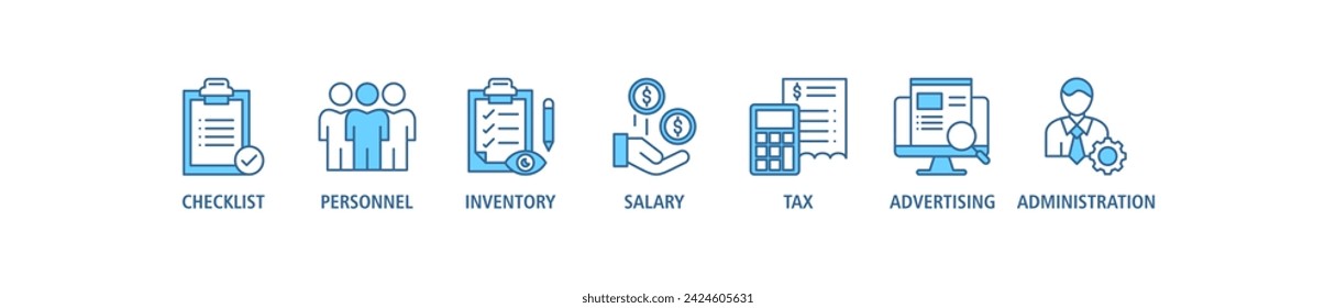 Cost reduction banner web icon set vector illustration concept with icon of checklist, personnel, inventory, salary, tax, advertising and administration