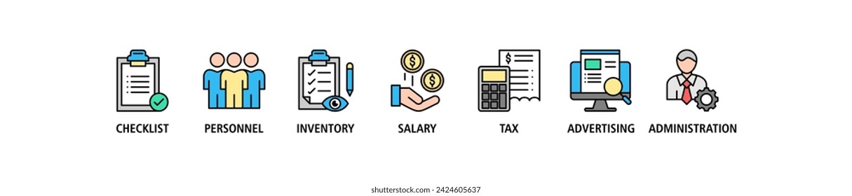 Concepto de ilustración vectorial de conjunto de iconos web de banner de reducción de costos con icono de lista de verificación, personal, inventario, salario, impuestos, publicidad y administración