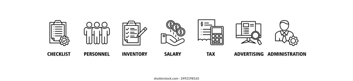 Cost reduction banner web icon set vector symbol illustration concept with icon of checklist, personnel, inventory, salary, tax, advertising and administration