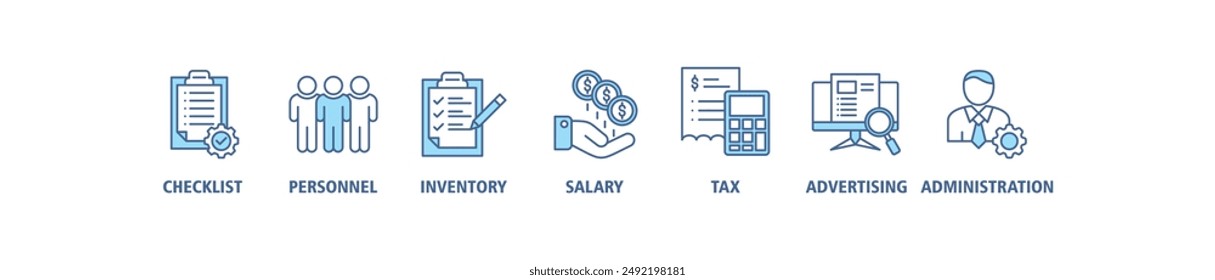 Icono de Web de Anuncio de reducción de costos conjunto de ícono de Vector concepto de ilustración con ícono de lista de verificación, personal, inventario, sueldo, impuestos, publicidad y administración