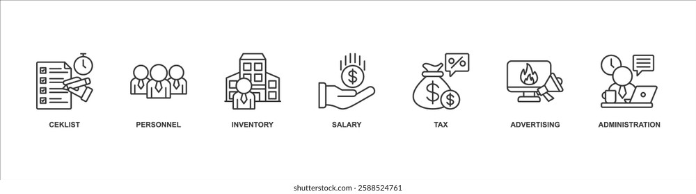 Cost Reduction banner web icon sheet vector illustration concept with icon of ceklist, personnel, inventory, salary, tax, advertising, administration