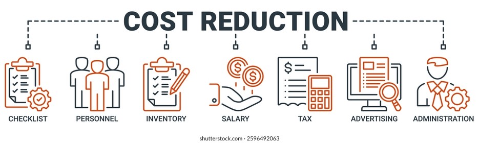 Cost reduction banner web icon vector illustration concept with icon of checklist, personnel, inventory, salary, tax, advertising and administration icons. Outline vector symbol background.