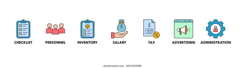 Redução de custos ícone web vetor ilustração ícone com ícone de lista de verificação, pessoal, inventário, salário, imposto, publicidade e administração