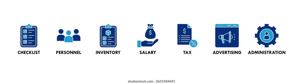 Redução de custos ícone web vetor ilustração ícone com ícone de lista de verificação, pessoal, inventário, salário, imposto, publicidade e administração