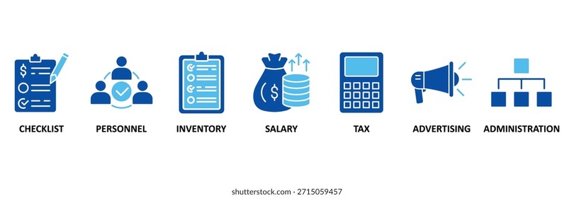 Kostenreduzierung Banner Web-Symbol-Set In Blue Style Vektorgrafik für Symbol Checkliste, Personal, Inventar, Gehalt, Steuern, Werbung und Verwaltung