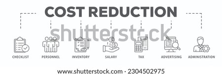 Cost reduction banner web icon vector illustration concept with icon of checklist, personnel, inventory, salary, tax, advertising and administration
