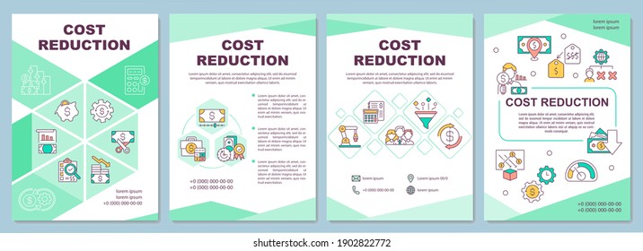 Cost reduction brochure template. Decrease money value of something. Flyer, booklet, leaflet print, cover design with linear icons. Vector layouts for magazines, annual reports, advertising posters