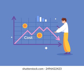 cost reduction and budget concept. business costs are getting smaller or decreasing. illustration of entrepreneur trying to reduce business operating costs. flat style design. graphic elements