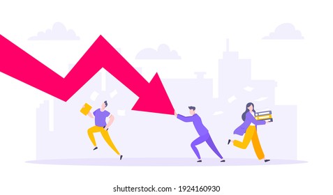Cost reduction and business bankruptcy concept. Young adult people pushed red crisis arrow downturn vector illustration. Economy crisis, investment global market risk and stock market crash metaphor.