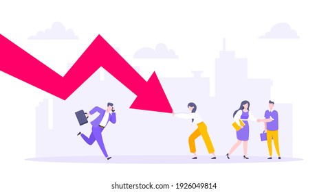 Cost reduction and business bankruptcy concept. Young adult people pushed red crisis arrow downturn vector illustration. Economy crisis, investment global market risk and stock market crash metaphor.