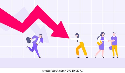 Cost reduction and business bankruptcy concept. Young adult people pushed red crisis arrow downturn vector illustration. Economy crisis, investment global market risk and stock market crash metaphor.