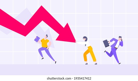 Cost reduction and business bankruptcy concept. Young adult people pushed red crisis arrow downturn vector illustration.