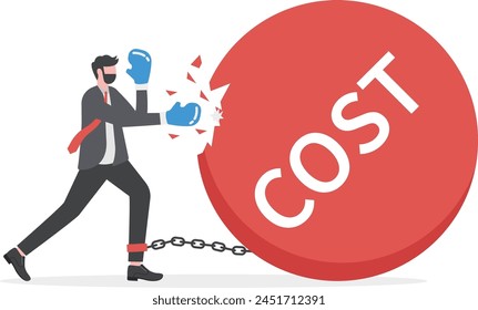 Cost reduction, business and company to keep cost low, cut spending or expense deduction in budget plan concept, businessman CFO reduce cost by hammer T alphabet nail on the word COST.  