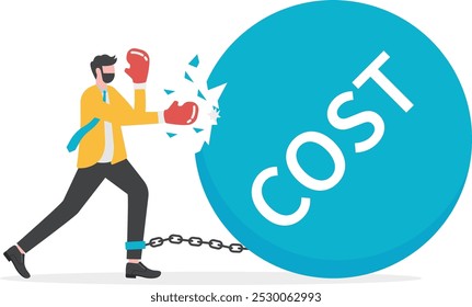 Cost reduction, business and company to keep cost low, cut spending or expense deduction in budget plan concept, businessman CFO reduce cost by hammer T alphabet nail on the word COST.  