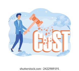 Cost reduction concept. Businessman hammering text cost symbol.  flat vector modern illustration 