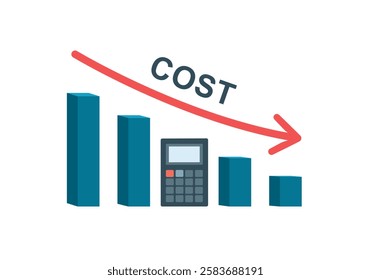 Cost reduction concept. Calculator and arrow line decrease. Cost cut, cost optimization business concept vector illustration.