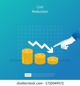 Cost reduction concept. decrease arrow and pointing finger vector illustration. Business template for banner, website or printing