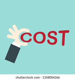 Cost reduction concept. Cost down. Business hand with cost text. Vector illustration flat design. Decrease down profit. Declining chart.