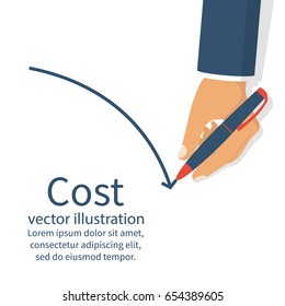 Concepto de reducción de costos. Coste reducido. Empresario sostiene un bolígrafo en mano. Disminuir el gráfico de flecha. Diseño plano de ilustración de vector. Aislado sobre fondo blanco. Gráfico de disminución. Bajen las ganancias.