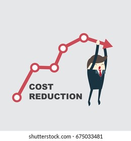 Concepto de reducción de costos. Coste reducido. El hombre de negocios con su mano baja la flecha del gráfico. Diseño plano de ilustración de vector. Disminuir las ganancias. Gráfico de disminución.