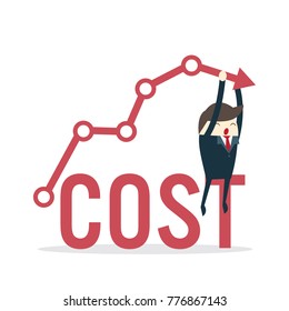 Cost reduction concept. Cost down. Businessman with his hand lowers the arrow of the graph. Vector illustration flat design. Decrease down profit. Declining chart.