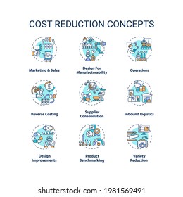 Cost reduction concept icons set. Company optimization idea thin line RGB color illustrations. Value chain components. Vector isolated outline drawings. Cost-saving strategy. Editable stroke