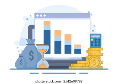 Kostenreduzierungskonzept. Umsatzrückgang, Finanzkrise. Die Unternehmensfinanzierung ist rückläufig. Verlustkrise, Bankrott gefallen. Kann für Webseiten, Banner, mobile Apps verwendet werden. Vektorgrafik