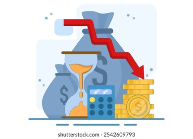 Cost reduction concept. Sales down, financial crisis. Business finance down. Loss crisis, bankruptcy down. Can be used for web pages, banners, mobile apps. Vector Illustration