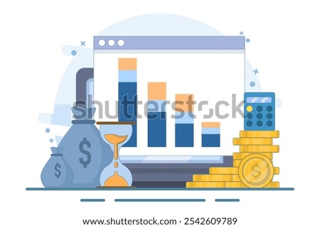 Cost reduction concept. Sales down, financial crisis. Business finance down. Loss crisis, bankruptcy down. Can be used for web pages, banners, mobile apps. Vector Illustration