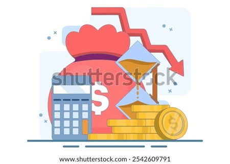 Cost reduction concept. Sales down, financial crisis. Business finance down. Loss crisis, bankruptcy down. Can be used for web pages, banners, mobile apps. Vector Illustration