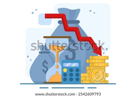 Cost reduction concept. Sales down, financial crisis. Business finance down. Loss crisis, bankruptcy down. Can be used for web pages, banners, mobile apps. Vector Illustration