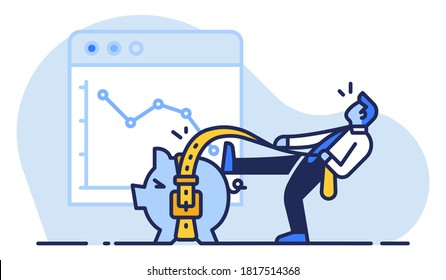 Cost reduction and crisis financial. Business and finances concepts. A businessman is cutting expenses. Piggy bank with tighten belt. Graph with descending curve.