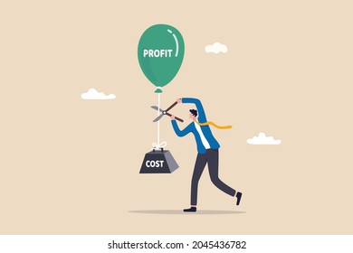 Cost reduction, cut expense to increase profit, improve business profitability by reduce spending, decrease investment fees, businessman using scissors to cut heavy cost burden and let profit run.