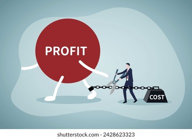 Cost reduction, cut expense to increase profit, improve business profitability by reduce spending, decrease investment fees, businessman using scissors to cut heavy cost burden and let profit run.