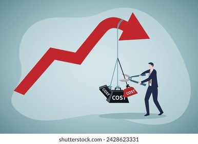 Cost reduction, cut expense to increase profit, improve business profitability by reduce spending, decrease investment fees, businessman using scissors to cut heavy cost burden and let profit arrow up