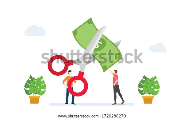 cost reduction or\
cutting budget finance concept with scissors and people cut money\
with modern flat style