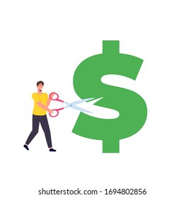 Reducción de costos, recorte de dólares, gran descuento. Ilustración vectorial plana.