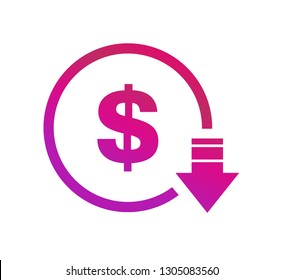 Cost reduction- decrease dollar icon. Vector symbol image isolated on background .