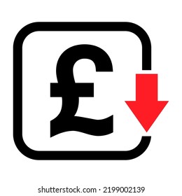 Cost reduction- decrease pound icon. Vector symbol isolated on background .