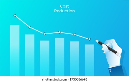 Cost Reduction Design Concept. Businessman Drawing Graph Of Bar Chart With Pencil Vector Illustration. Reduction Or Decrease Extra Cost And Efficiencies