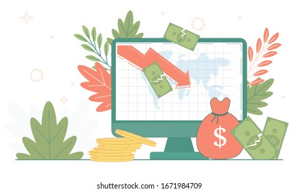 Cost Reduction financial economy crisis concept. Finance business fall. Money bag, dollar crash, coin stack. Rate loss recession budget vector illustration. Computer reduce graphic.