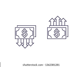 cost reduction and growth, money, vector line icons